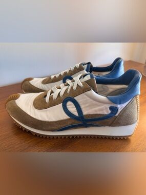 LOEWE Flow Runner Sneakers Nylon Suede White Blue Tan Size 42 NWIB